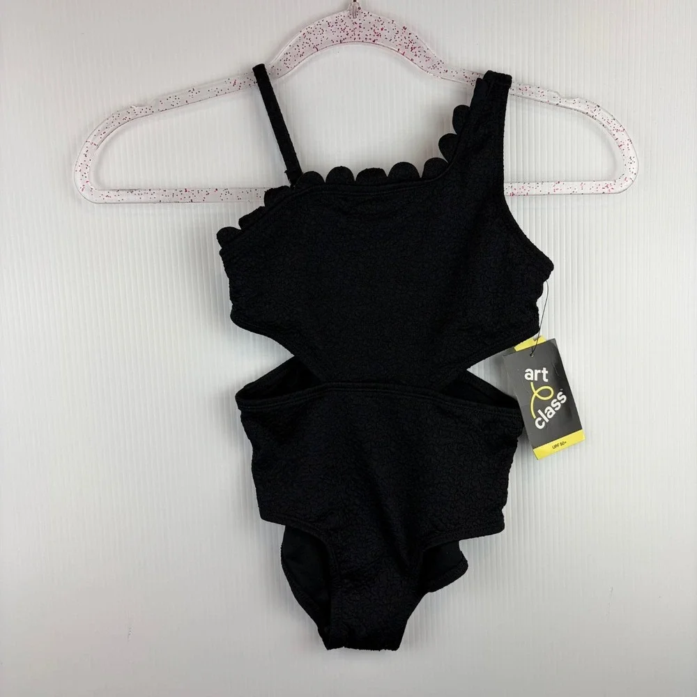 Art Class Girls XS 4/5 Black Swimsuit Scalloped Cutout One Piece Boho Chic Retro